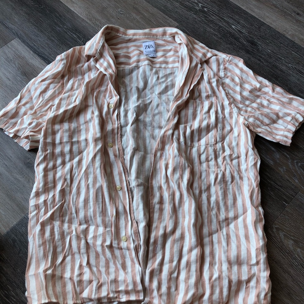 Zara Men’s Striped Short-Sleeve Button-Up Shirt - Peach & White Size Large
